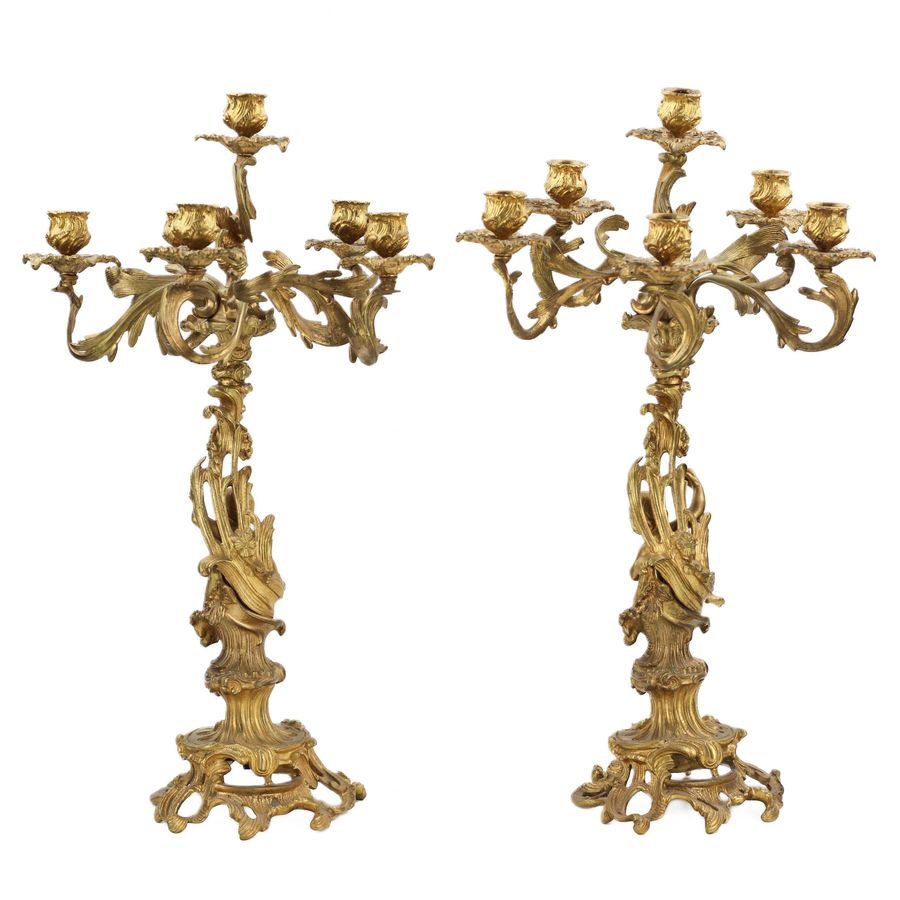 Antique Pair of gilded bronze candelabra. 19th century