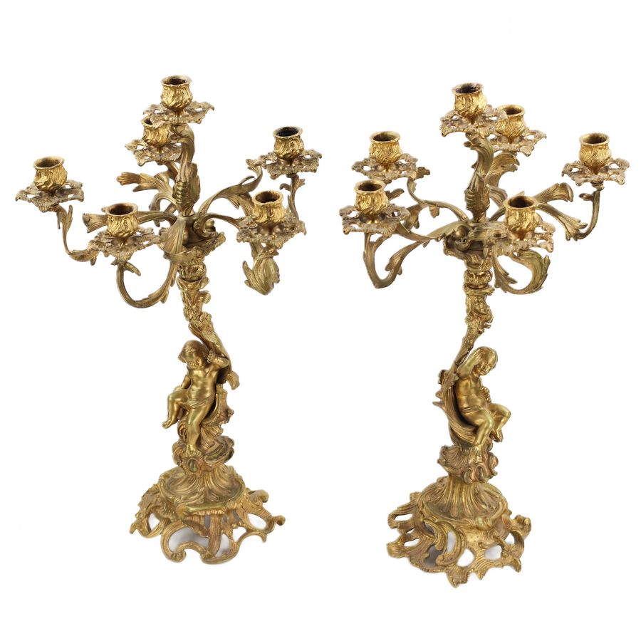 Antique Pair of gilded bronze candelabra. 19th century