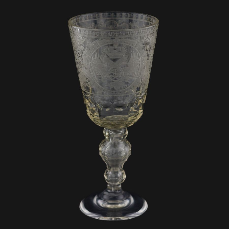 Antique A glass tray goblet with a monogram and a portrait of Elizaveta Petrovna. Russia.19th century.