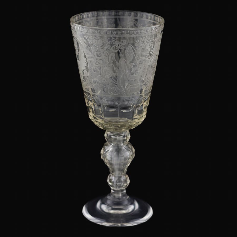 Antique A glass tray goblet with a monogram and a portrait of Elizaveta Petrovna. Russia.19th century.