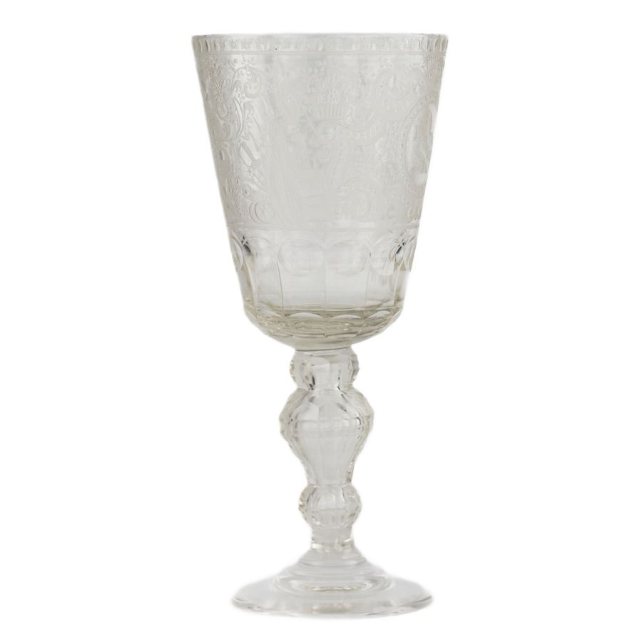 Antique A glass tray goblet with a monogram and a portrait of Elizaveta Petrovna. Russia.19th century.