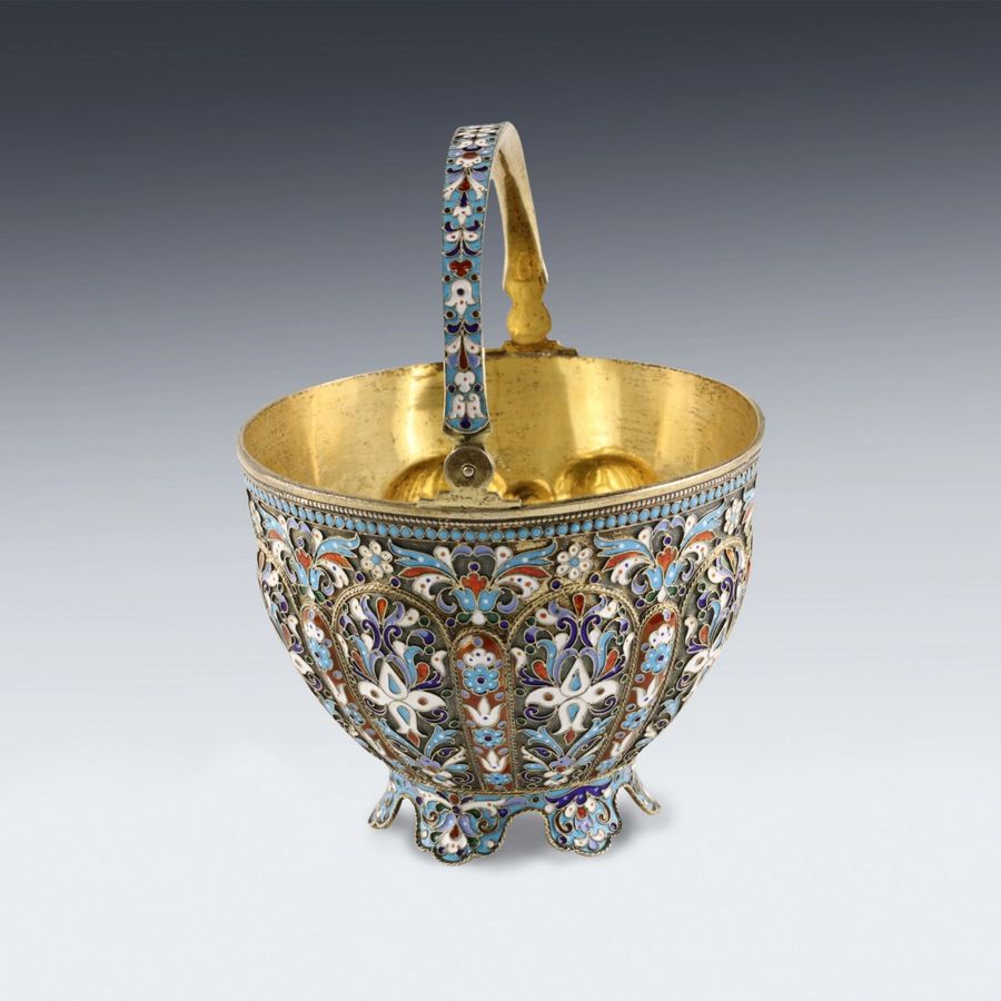 Antique Russian silver sugar bowl with cloisonne enamel.