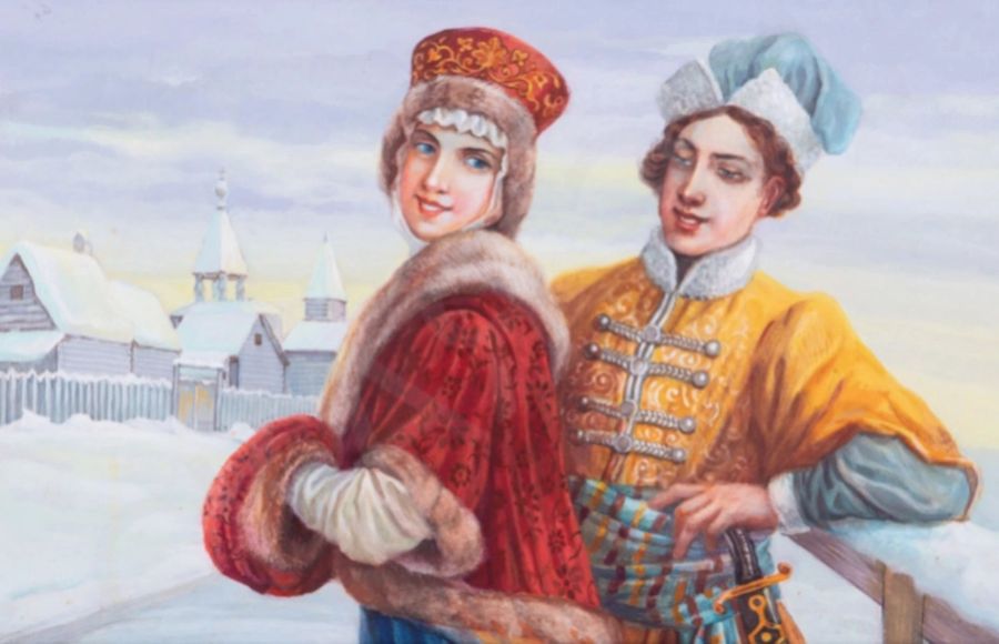 Antique Watercolor Courtship on the winter streets of Russia in the 16th century.