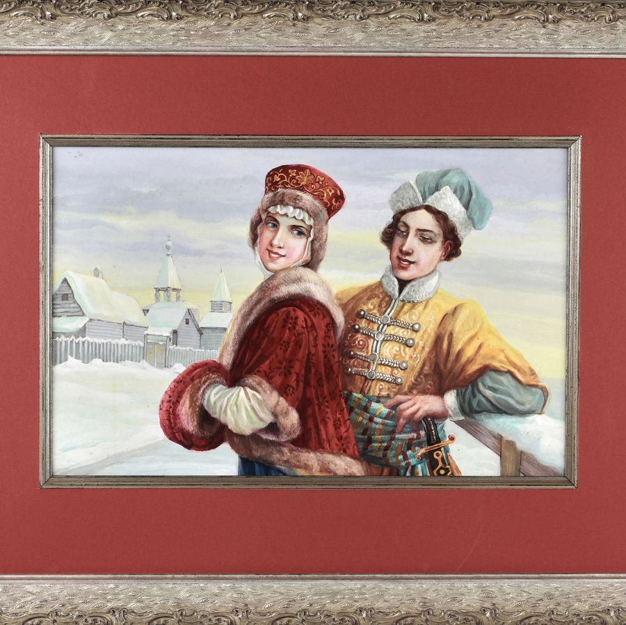 Antique Watercolor Courtship on the winter streets of Russia in the 16th century.