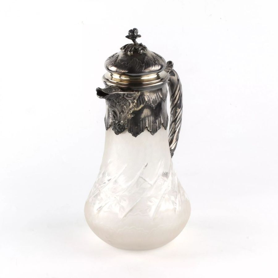 Antique Silver water jug with engraved glass.