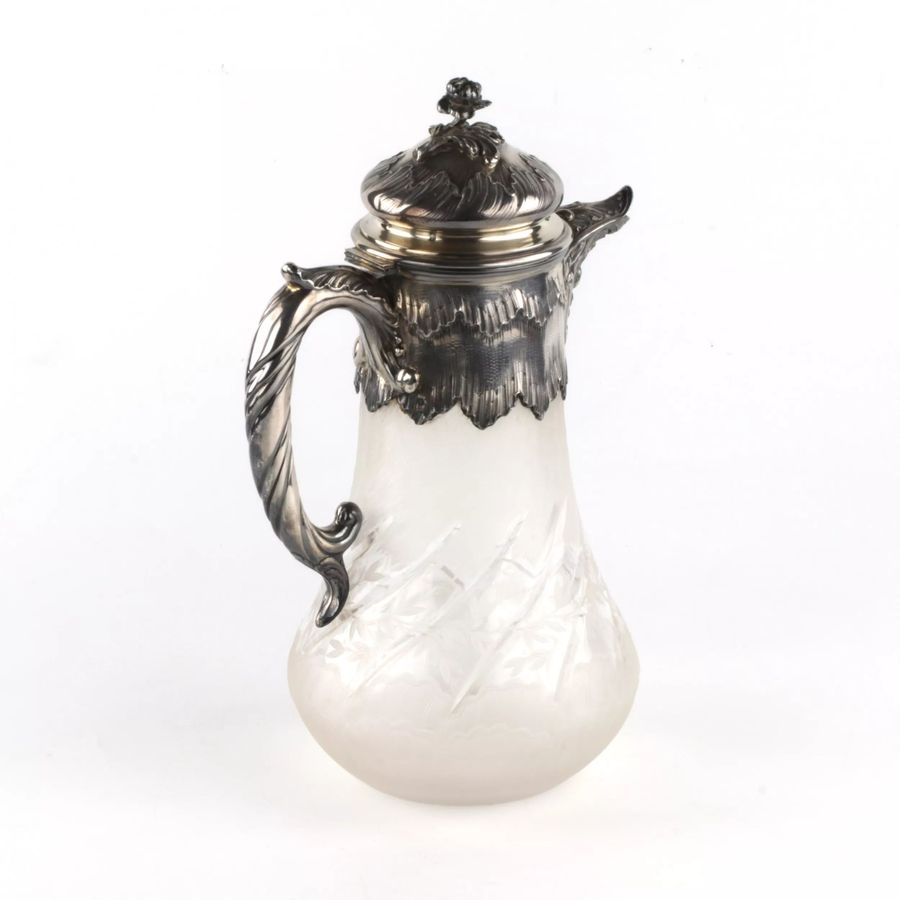 Antique Silver water jug with engraved glass.