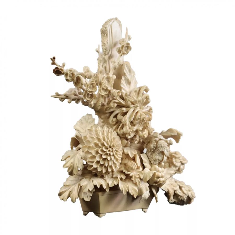 Antique Ikebana Flowers. Bone carving from the Meiji Japan period