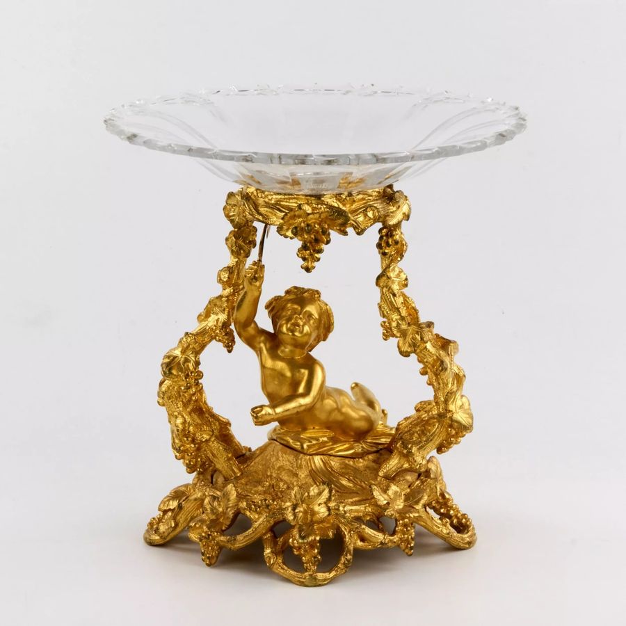 Antique Decorative fruit vase, gilded bronze, with crystal, Napoleon III era. 19th century.