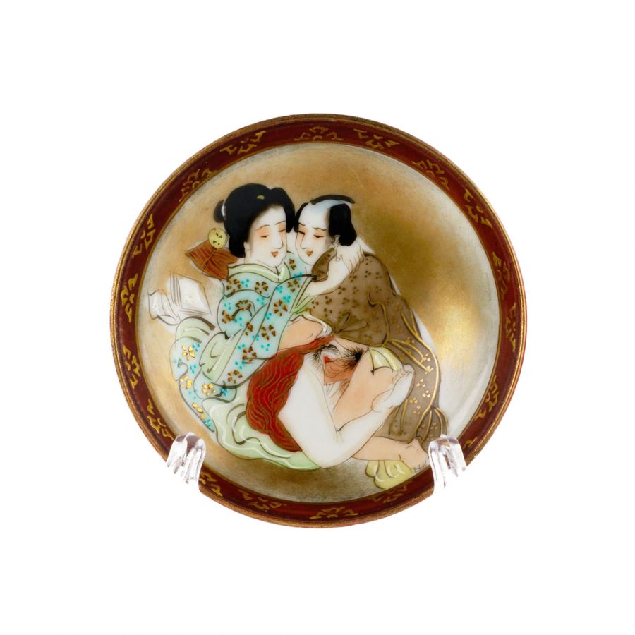 Antique Three Japanese plates with erotic themes.