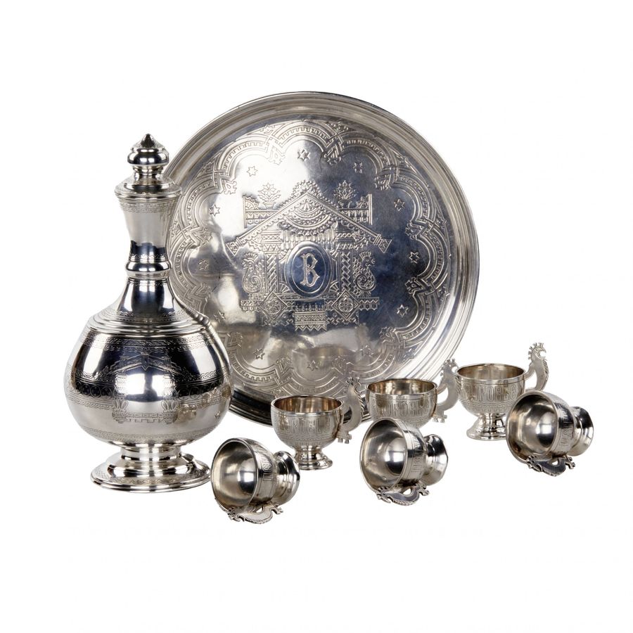 Antique Elegant silver vodka set in the neo-Russian style, workshop S.M. Ikonnikov.