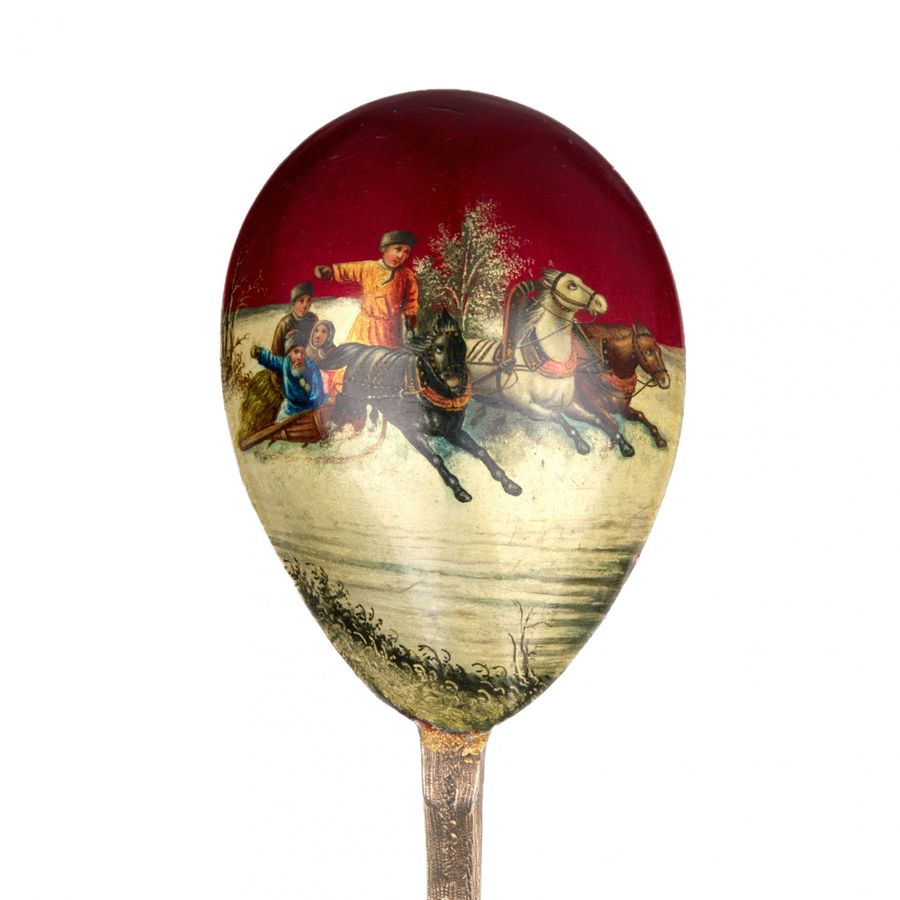 Antique Russian silver spoon with a painted troika. V.I. Kangin. St. Petersburg 1899-1908.