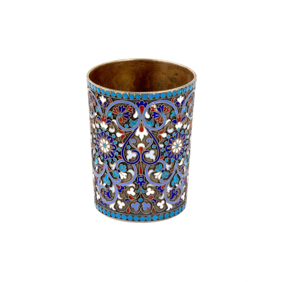 Antique Russian silver vodka cup with cloisonne enamel. Gustav Klingert. Moscow. 1893.