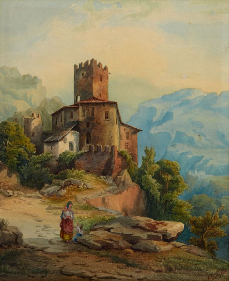 Antique Watercolor. Italian look. Landscape in the mountains.