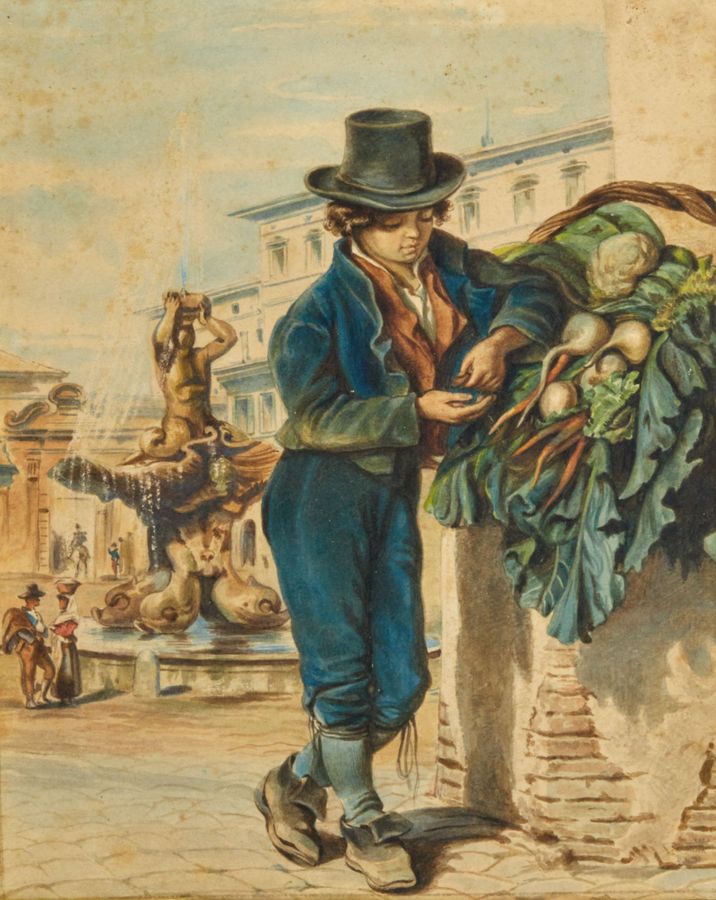 Antique Watercolor Young seller of vegetables on the streets of Rome.