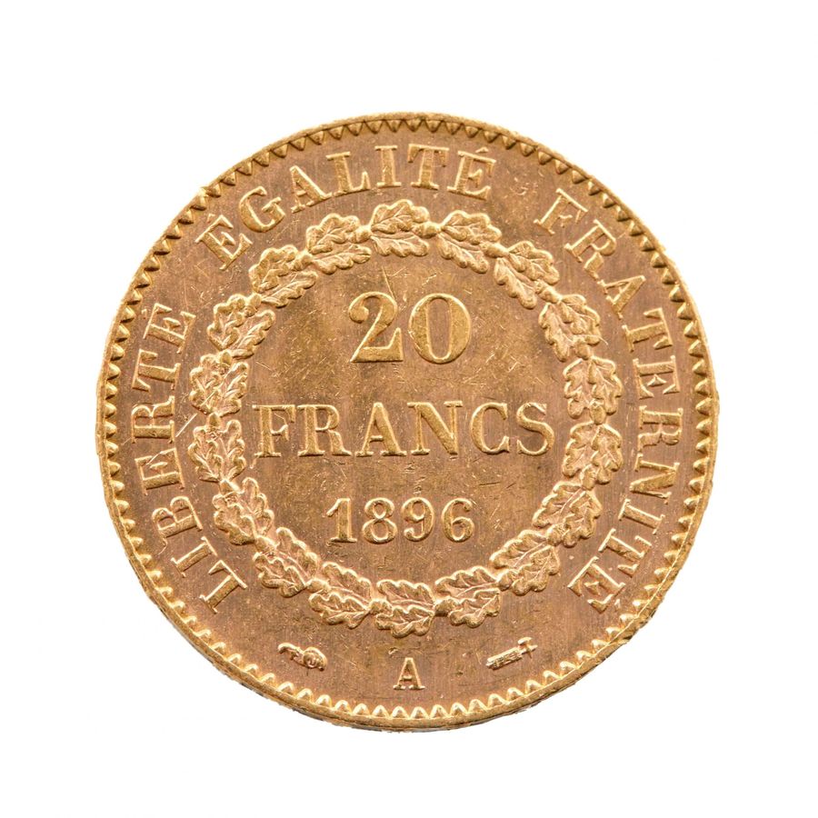 Antique Gold coin, France, 20 francs 1896