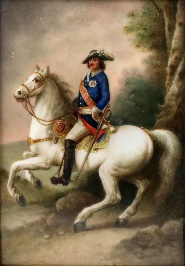 Antique Porcelain plaque. Portrait of the equestrian monarch Peter the Great. 19th century.