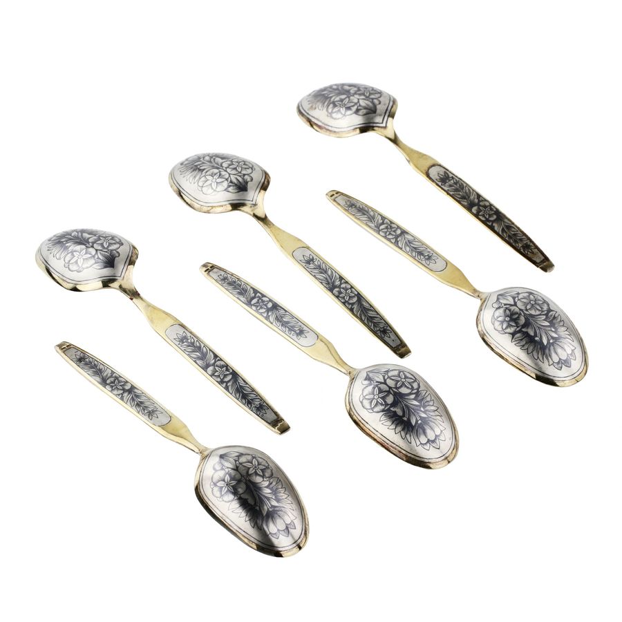 Antique Six gilded, silver, dessert spoons with a niello pattern. USSR. 1960-80s