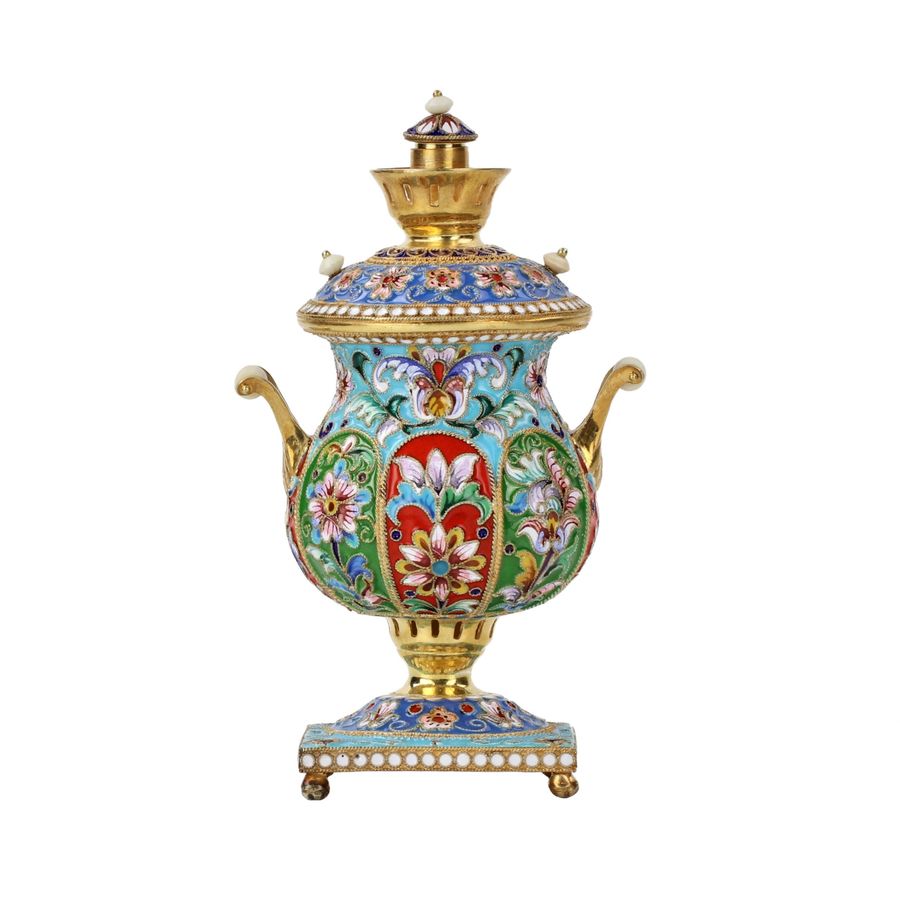 Antique Silver, gilded, with painted enamels samovar.