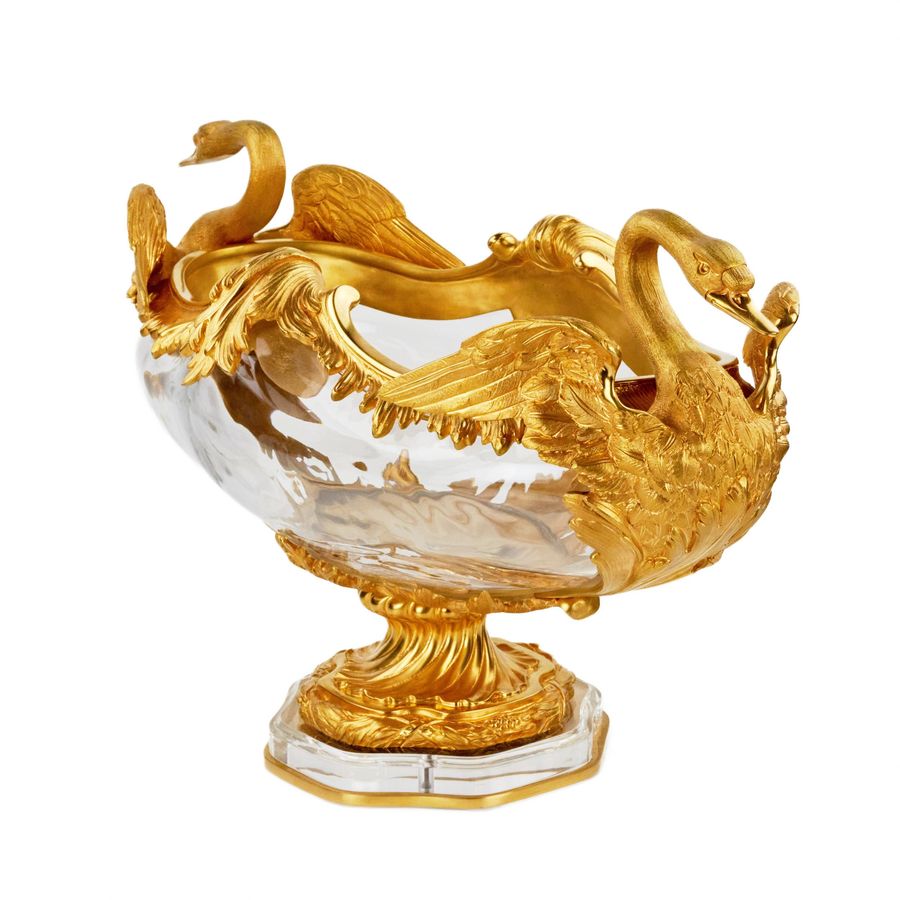 Antique Pair of oval vases in cast glass and gilt bronze, with swan motif. France 20th century.