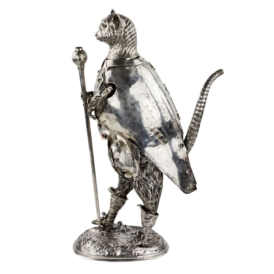 Antique Catchy and ironic silver figure Cat in Boots. Günther Grungessel. Hannau. 1883