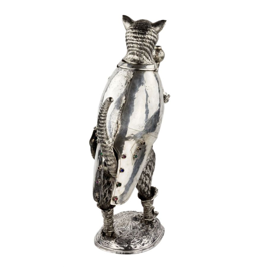 Antique Catchy and ironic silver figure Cat in Boots. Günther Grungessel. Hannau. 1883