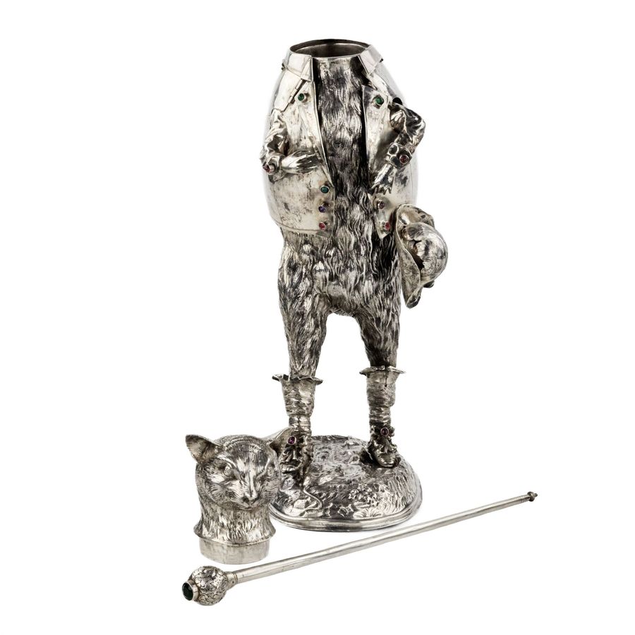 Antique Catchy and ironic silver figure Cat in Boots. Günther Grungessel. Hannau. 1883