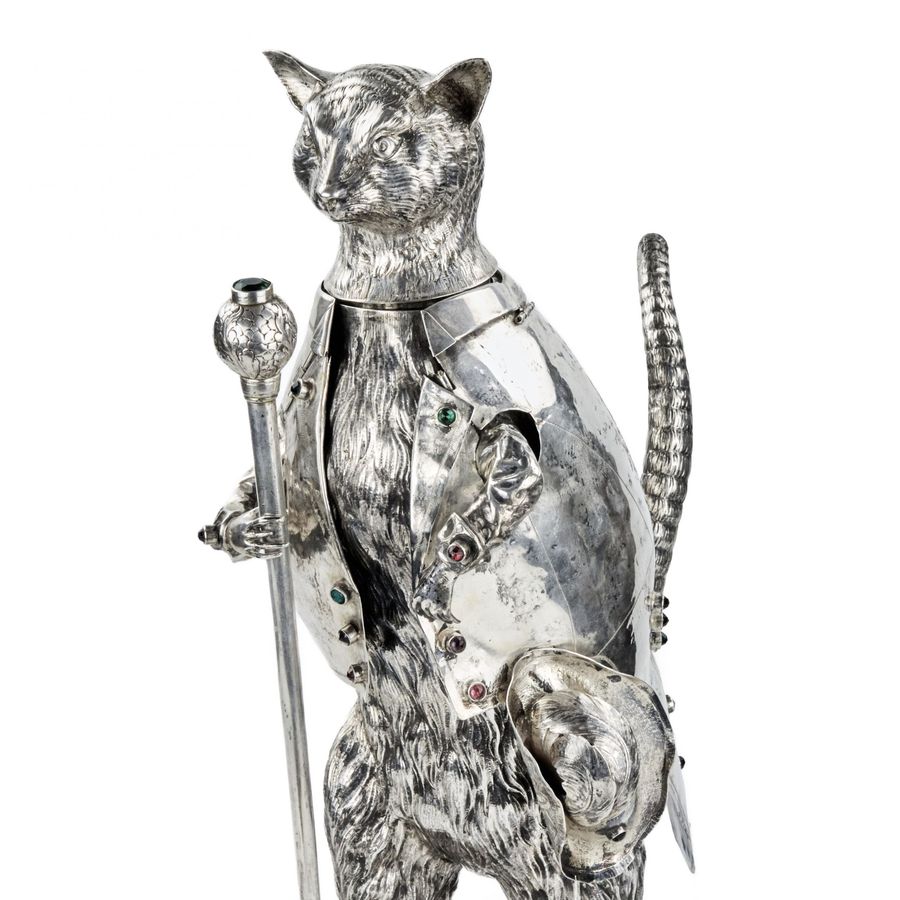 Antique Catchy and ironic silver figure Cat in Boots. Günther Grungessel. Hannau. 1883