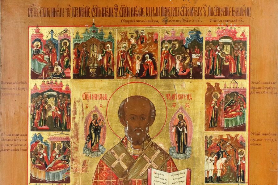 Antique Icon of Saint Nicholas with life on a cypress board, second half of the 19th century.