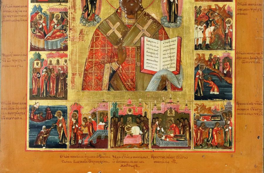 Antique Icon of Saint Nicholas with life on a cypress board, second half of the 19th century.