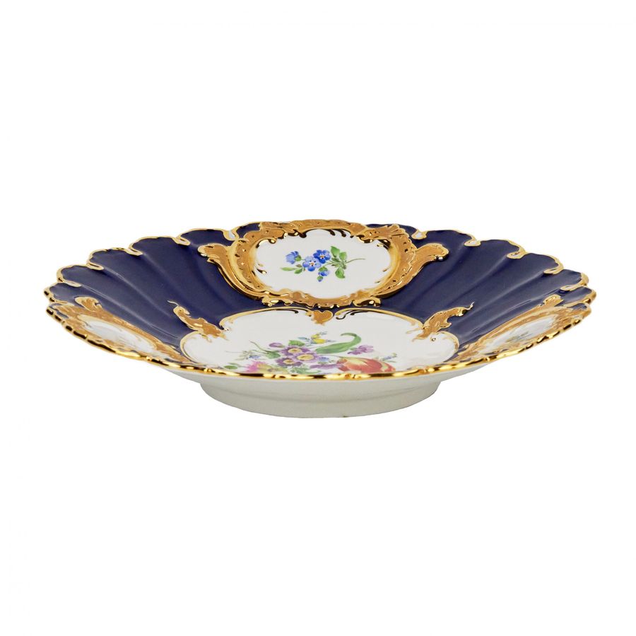 Antique Gorgeous cobalt blue Meissen dish with gilding and delicate painting. 20th century.