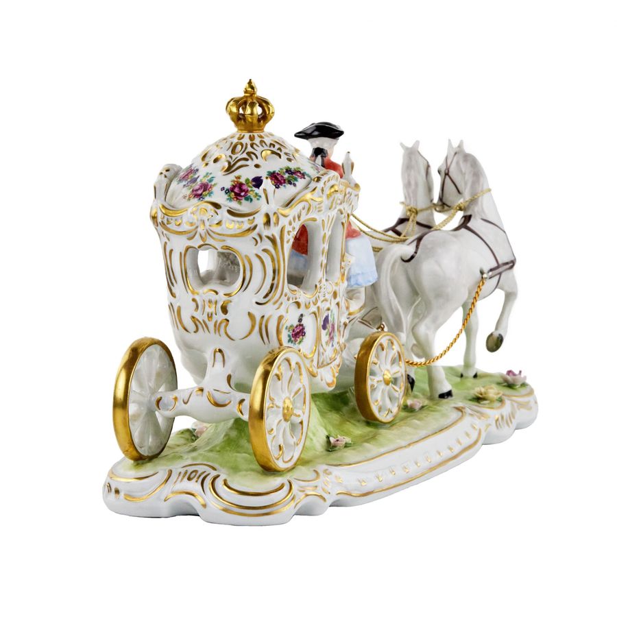 Antique Romantic porcelain composition Carriage. Dresden. 20th century.