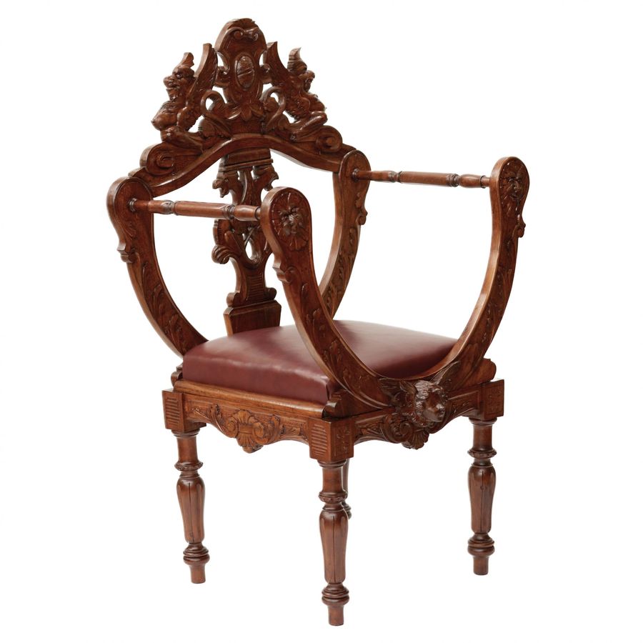 Antique Carved, richly decorated walnut chair. 19th century