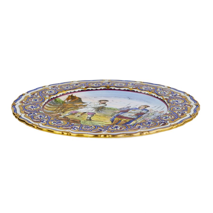 Antique Porcelain dish from the Kuznetsov factory with a scene of calling the hero Mikula Selyaninovich. Early 20th century