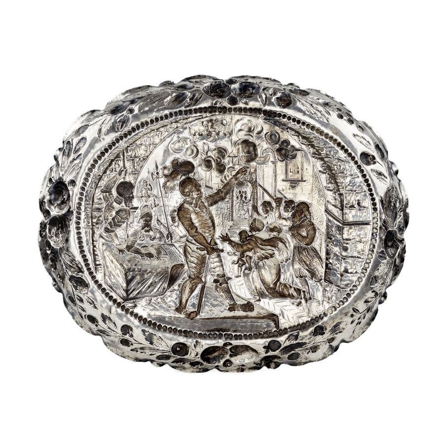 Antique Silver, decorative dish with a scene of a knights court. 19th century.