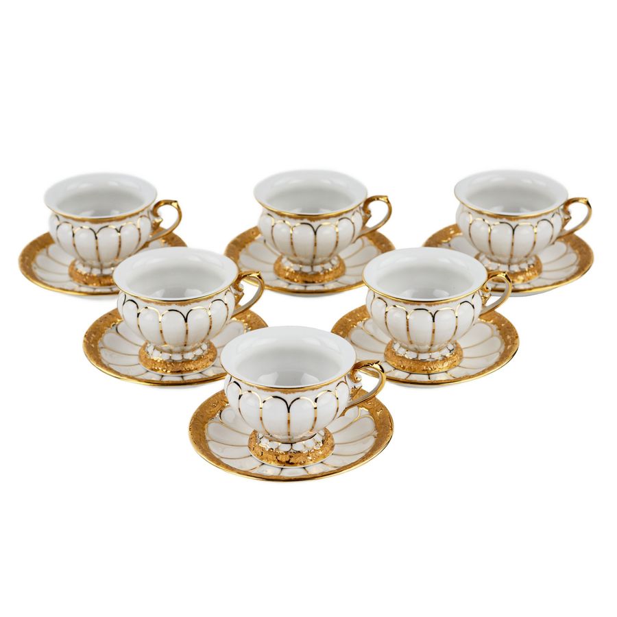 Antique White and gilded porcelain mocha coffee service for six people. Meissen