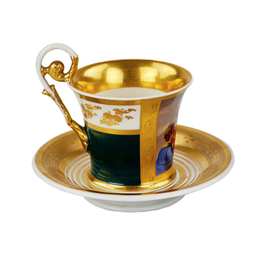 Antique Painted cup and saucer from the Biedermeier period.