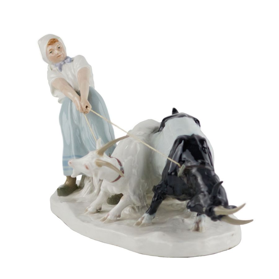 Antique Porcelain composition Shepherdess with goats. Pilz, Otto. Meissen. 1850-1924.