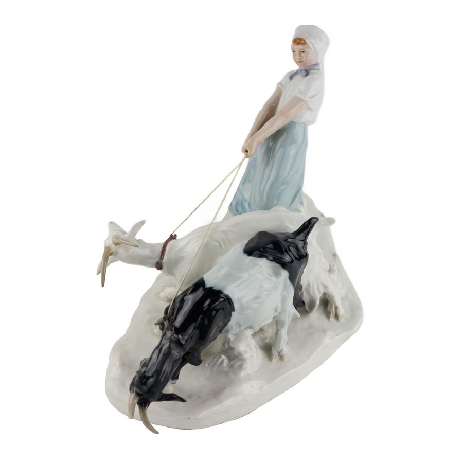 Antique Porcelain composition Shepherdess with goats. Pilz, Otto. Meissen. 1850-1924.