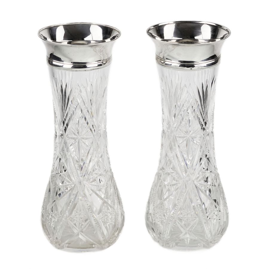 Antique Pair of crystal vases with silver trim. Russia. Riga. 1908 -1920.