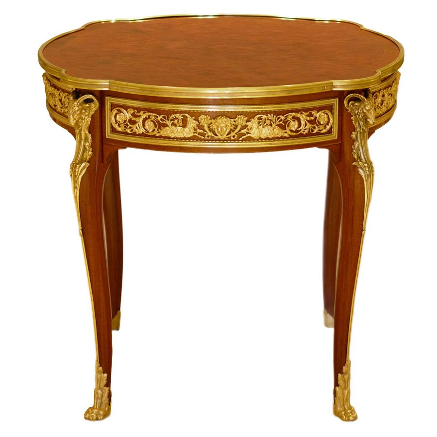 Antique Mahogany table decorated with marquetry in the style of Louis XV, Francois Linke. Late 19th century