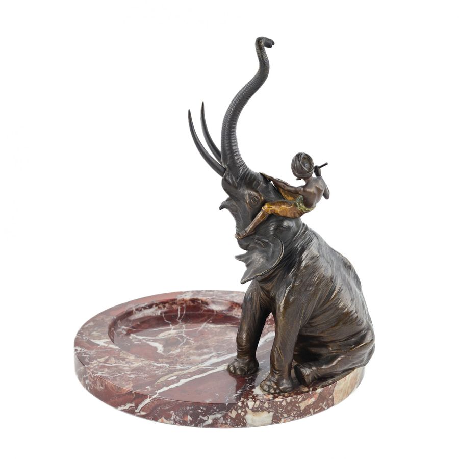 Antique Franz Bergman. Decorative dish for small items made of marble, with a bronze figure of an elephant.