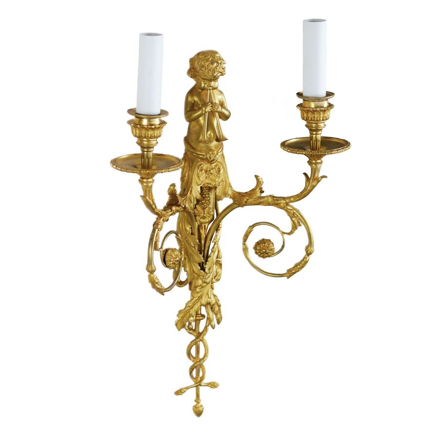 Antique Pair of French gilt bronze sconces, Louis XVI style, 19th century.