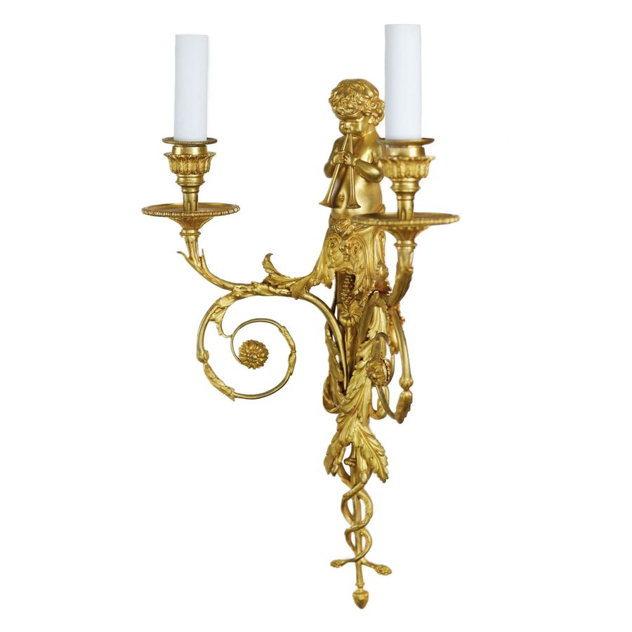 Antique Pair of French gilt bronze sconces, Louis XVI style, 19th century.