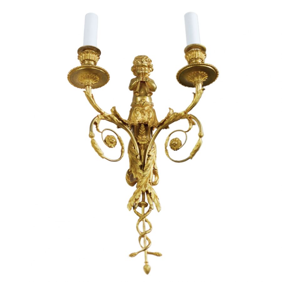 Antique Pair of French gilt bronze sconces, Louis XVI style, 19th century.