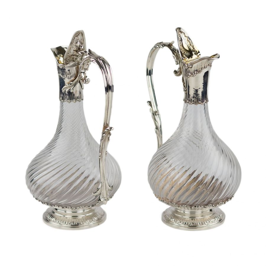 Antique Pair of French, spiral glass wine jugs with silver. Late 19th century.