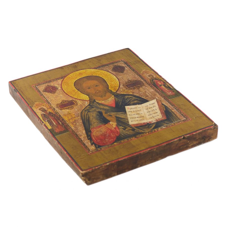 Antique Russian icon of the Pantocrator on a thick cypress board from the mid-19th century.