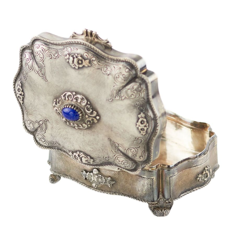 Antique Italian, silver jewelry box of baroque shape.