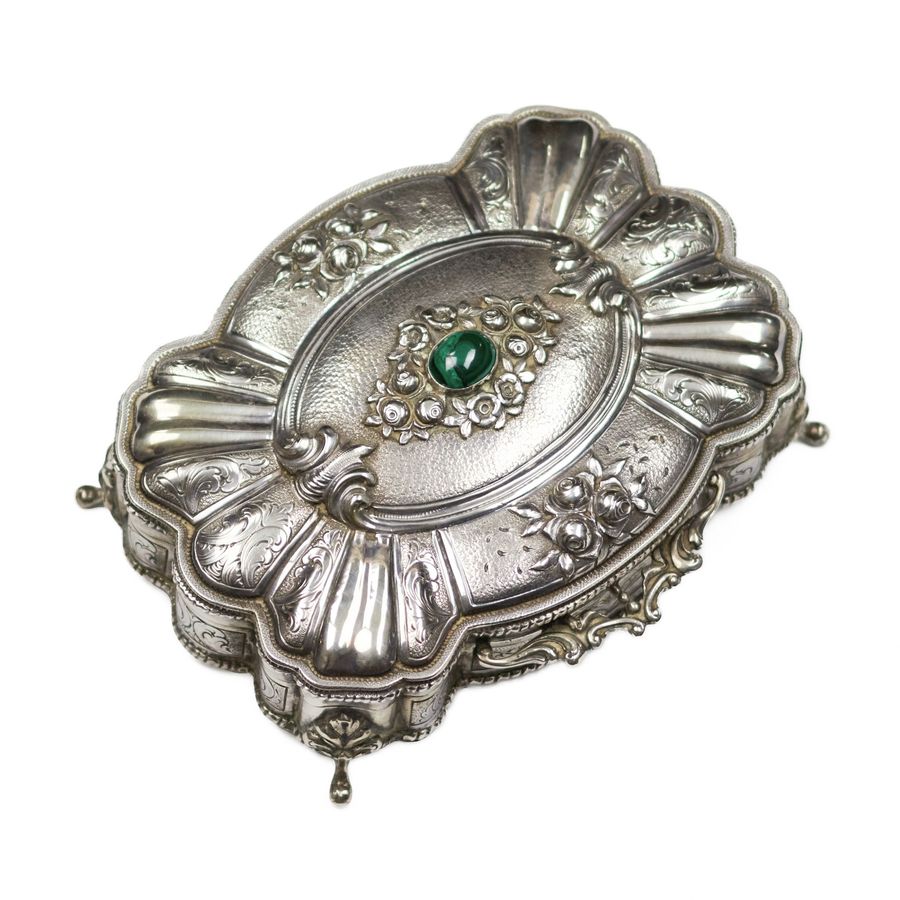 Antique Italian, silver jewelry box of baroque shape. 20th century.