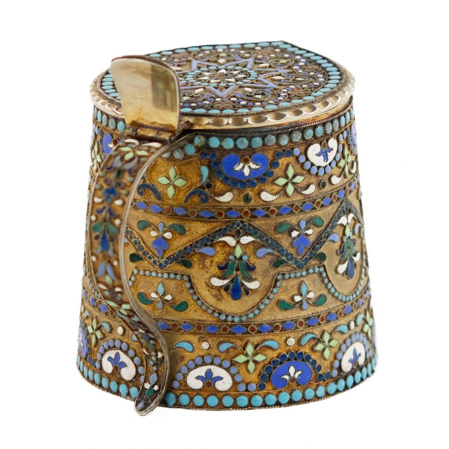 Antique Russian, silver cloisonné enamel mug in neo-Russian style. 20th century.