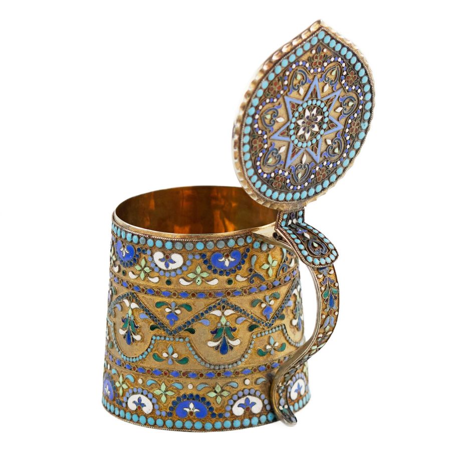 Antique Russian, silver cloisonné enamel mug in neo-Russian style. 20th century.